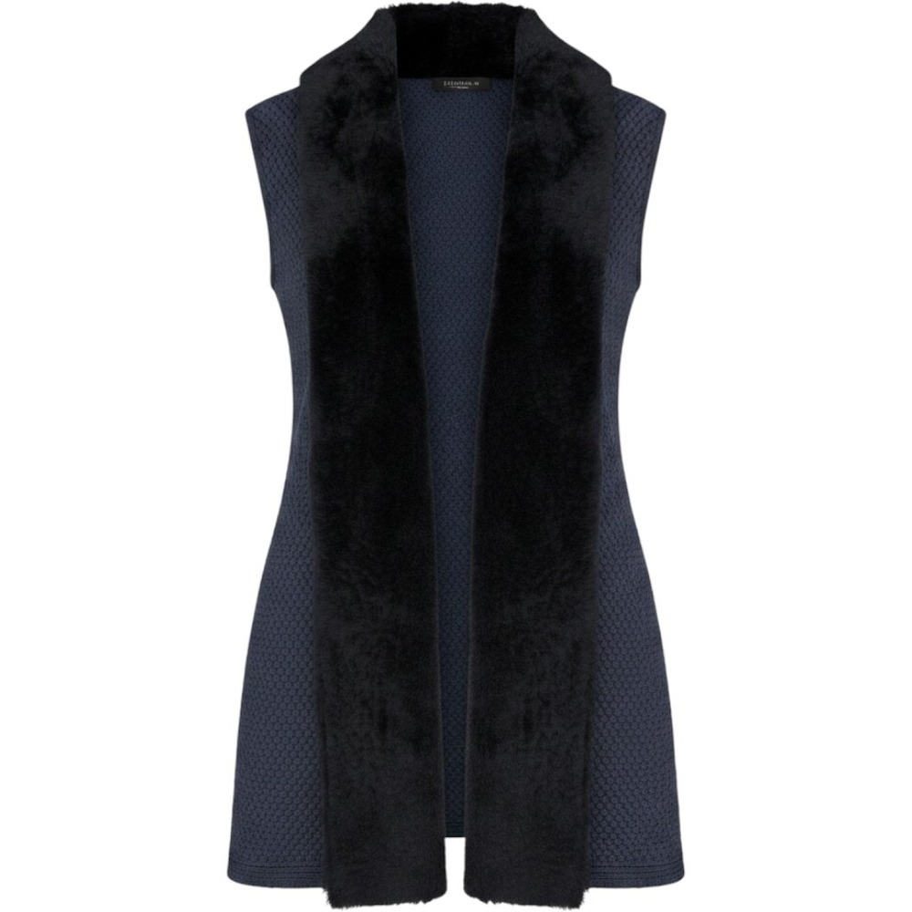 Lafayette 148 New York Cashmere Lamb Shearling Fur Trim Knit Vest Navy L